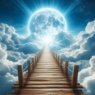 Wooden bridge to the moon in a cloudy sky