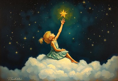 A girl reaches for a star on a cloudy night