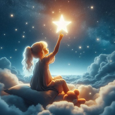 A girl reaches for a star in the night sky