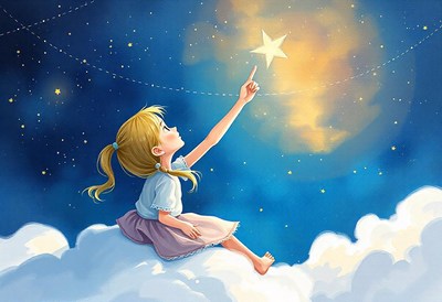 A girl reaches for a star while sitting on a cloud