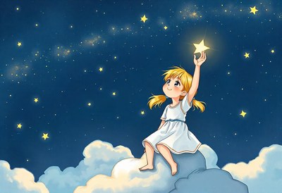 A girl reaches for a star while sitting on a cloud