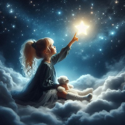 A young girl points at a bright star in the night sky