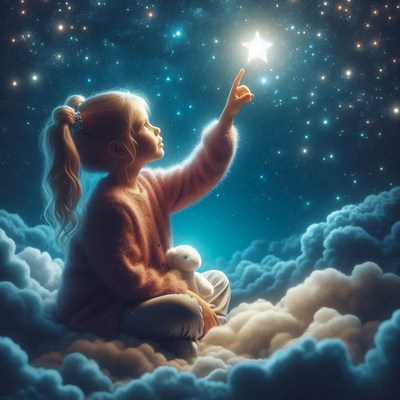 A young girl points at a bright star in the night sky