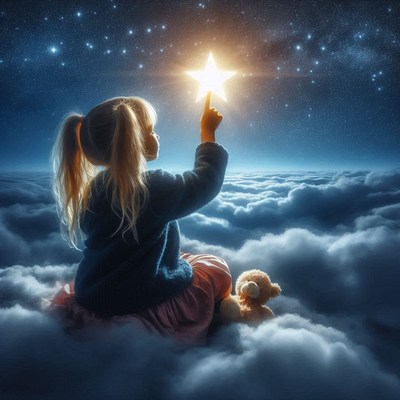 A girl points to a bright star in the night sky