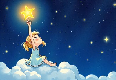 A girl reaches for a star while sitting on a cloud
