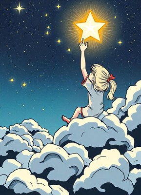 A girl reaches for a bright star in the night sky