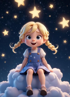 Blonde girl sitting on cloud with stars