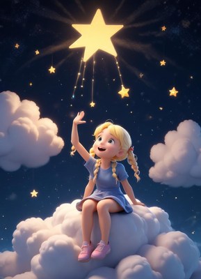 A girl reaches for a star in the night sky