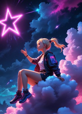 A girl sits on a cloud, reaching for a neon star