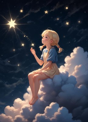 A girl on a cloud reaches for a star