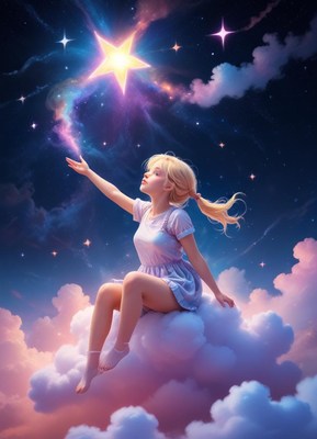 A girl reaches for a star while sitting on a cloud