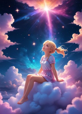 A young girl sits on a cloud and gazes up at the stars
