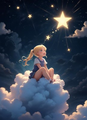 A girl on a cloud gazes at stars above