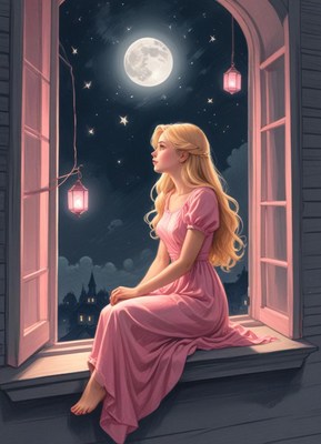 Woman in pink dress gazes at the moon and stars