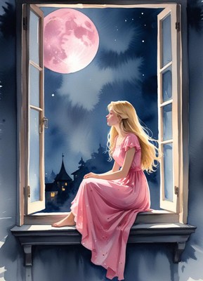 A woman sits in a window, gazing at the pink moon