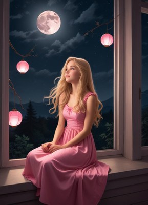 A woman in a pink dress gazes at the full moon