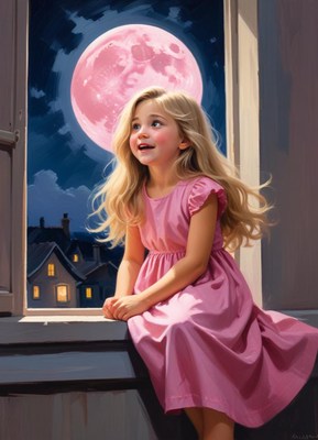 Girl in a pink dress gazes at the full moon