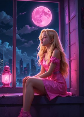A woman gazes at the pink moon and cityscape