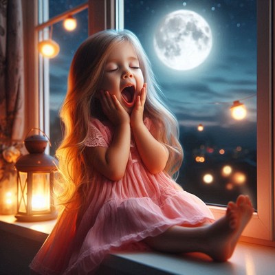A little girl yawns by the window at night