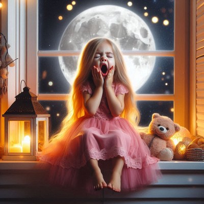 Girl yawns by a moonlit window
