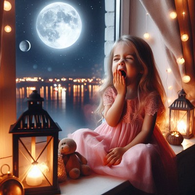 A young girl in a pink dress sits by a window and yawns