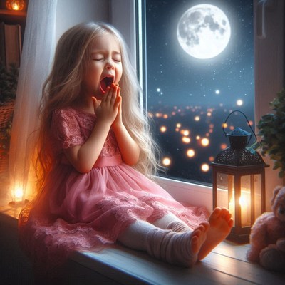 A young girl yawns at the window, watching the moon rise