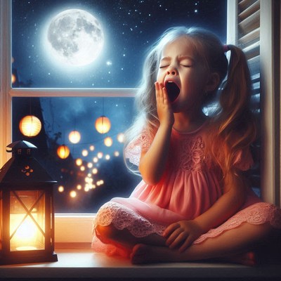 A little girl yawns by the window on a moonlit night