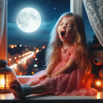 Girl yawns by the window on a full moon night