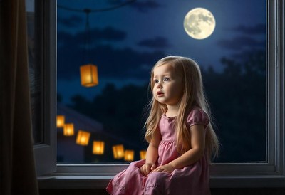 A young girl gazes out the window at a full moon