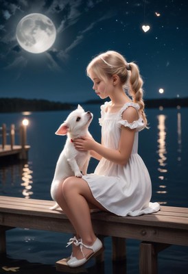 A young girl sits on a dock at night with her dog
