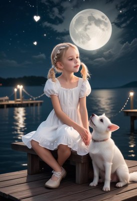 Girl and her dog sit on a dock, gazing at the moon