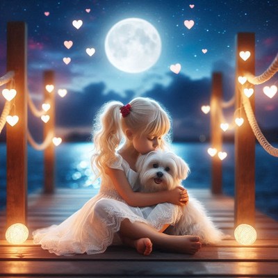 A girl kisses her dog on a dock at night