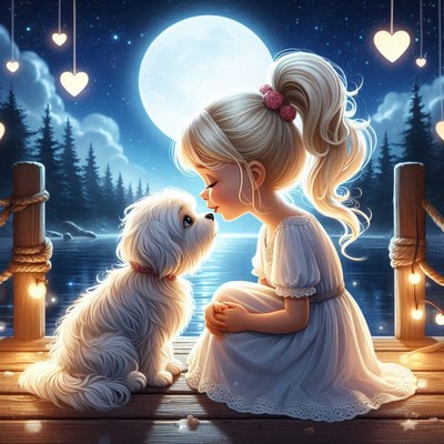 A girl and her dog share a sweet moment under the moonlight