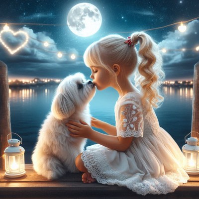 Girl kissing white dog on dock