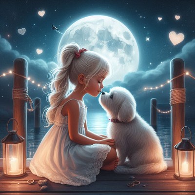 A girl and her dog share a sweet moment under the full moon