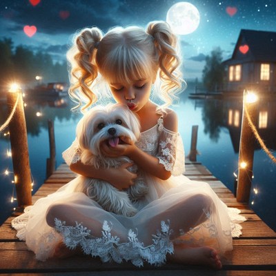 Girl hugging white dog on moonlit dock