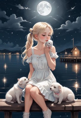 A girl sits on a dock at night, petting a small rabbit