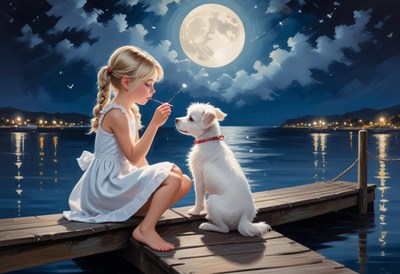 A girl and her dog sit on a dock under a full moon