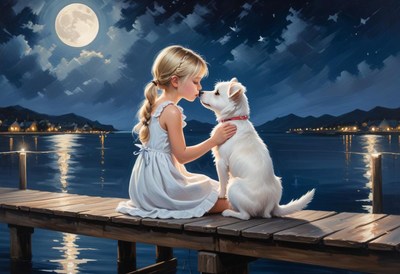 A girl and her dog cuddle on a dock under the moonlight