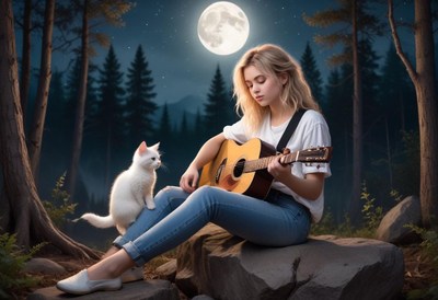 A woman plays guitar with her cat by a full moon