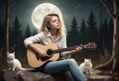 A woman plays guitar under a full moon in a forest