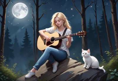 A woman plays guitar under a full moon in a forest
