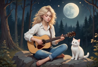 A woman plays guitar in the forest under a full moon