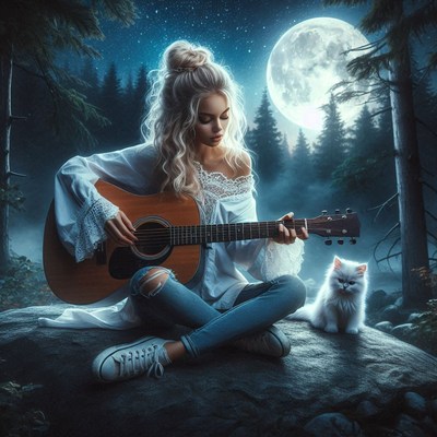 A woman plays guitar in the woods at night