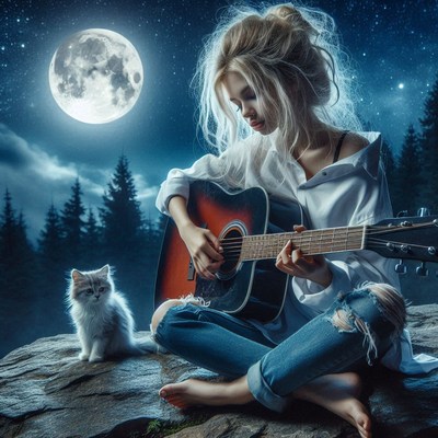 A woman plays guitar under a full moon