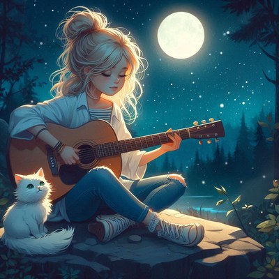 A girl plays a guitar under the moonlight
