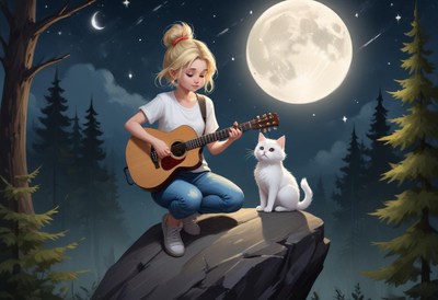 A young woman plays guitar under the moonlight with her cat