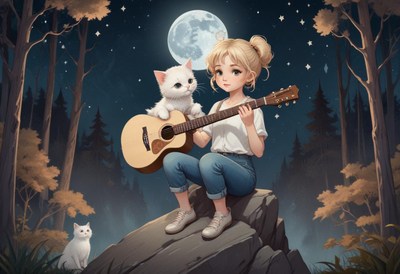 A girl plays a guitar with her cat in the woods at night
