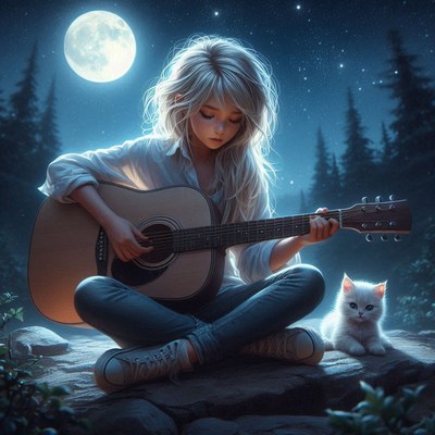 A woman plays guitar under a full moon
