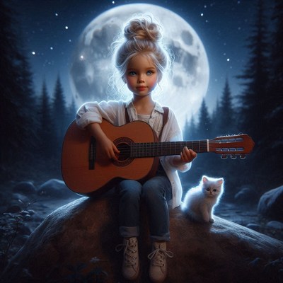 A young girl plays guitar under the moon with her cat